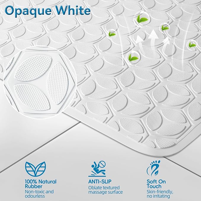 WRISIN Bathtub Mat Non Slip with Suction Cups - 100% Rubber Bathroom Mat Textured for Bath Tub Shower Safety - Soft on Touch - BPA/PVC Free - Pet Dog Bath Mat - Machine Washable - 17 × 35 Inch（White）