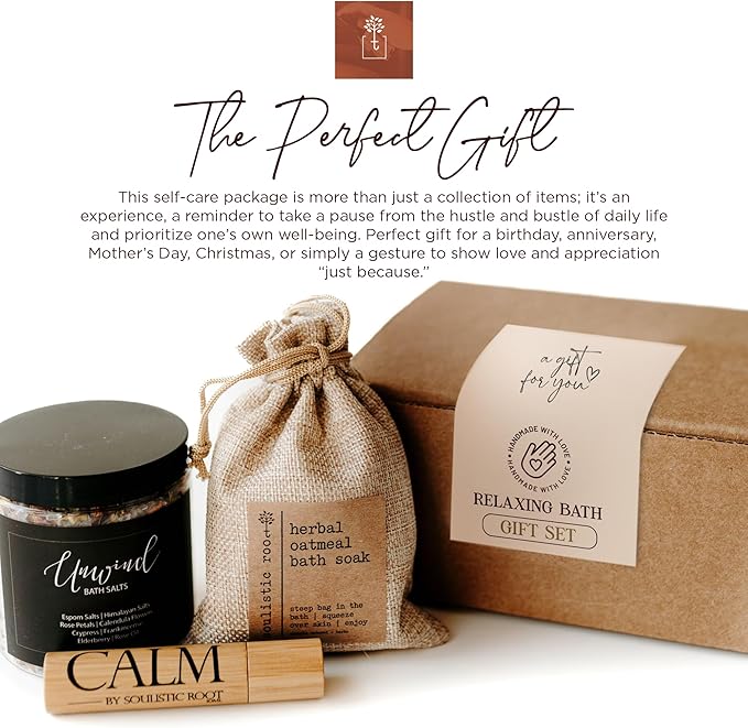 Soulistic Root Revitalizing Bath Set – Wellness Products with Tranquil Essential Oil Roller, Oatmeal Lavender Soak, Epsom Salts with Essential Oils, Ready-to-Gift Premium Box, Ideal Holiday Spa Gift