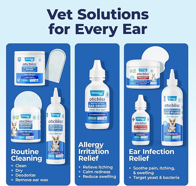 Vetnique Oticbliss Cat & Dog Ear Wipes - Dog Ear Infection Treatment or Dog Ear Cleaner Wipes for Dirty, Waxy, Smelly Dog Ears, Odor Control with Aloe Vera & Salicylic Acid (Medicated Ear Wipes)