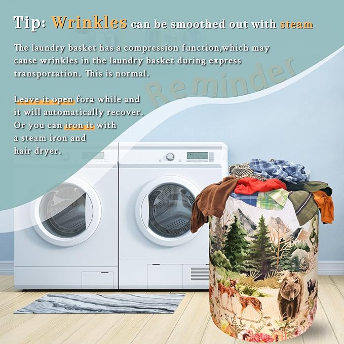Watercolor Animals Laundry Hamper With Handles Foldable Oxford Cloth Animal Bear Deer Tote Bag Funny Laundry Basket Clothes Toy Storage Bucket Men Women 18.9" x 16.5" For Bathroom/Laundry/Bedroom