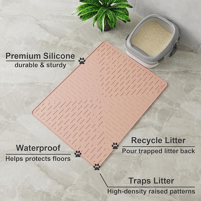 OHMO Cat Litter Mat Large Trapping Mat Premium Silicone Rubber 31.5x23.6 Coral, Waterproof and BPA Free Kitty Litter Box Mat, Easy to Clean and Keeps The Floor Tidy