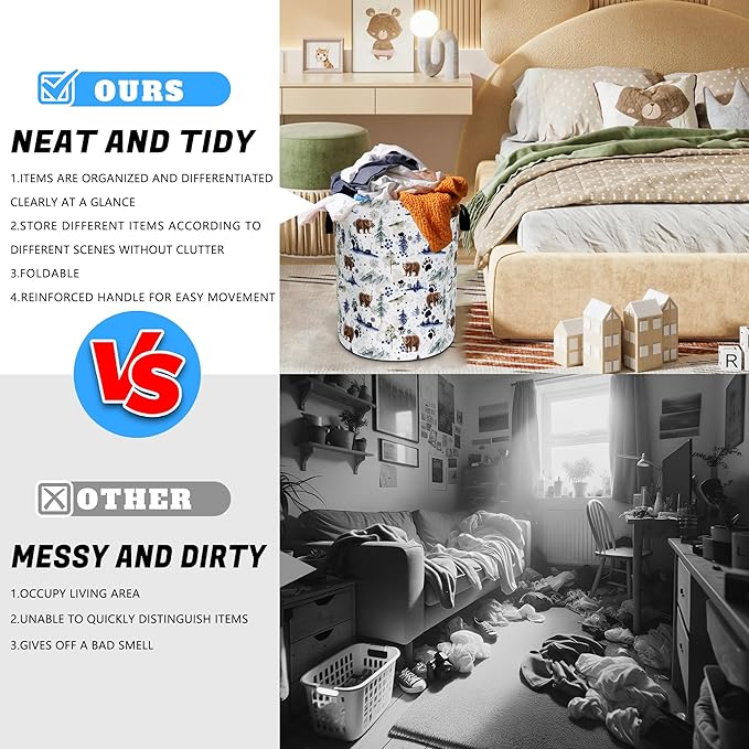 Bear Laundry Basket Oxford Cloth Bear Paw Forest Animal Laundry Hamper With Handle Foldable Portable Clothes Storage Basket 18.9 X 16.5 Inch Storage Bag For Laundry Room/Bathroom/Bedroom/Dormitories