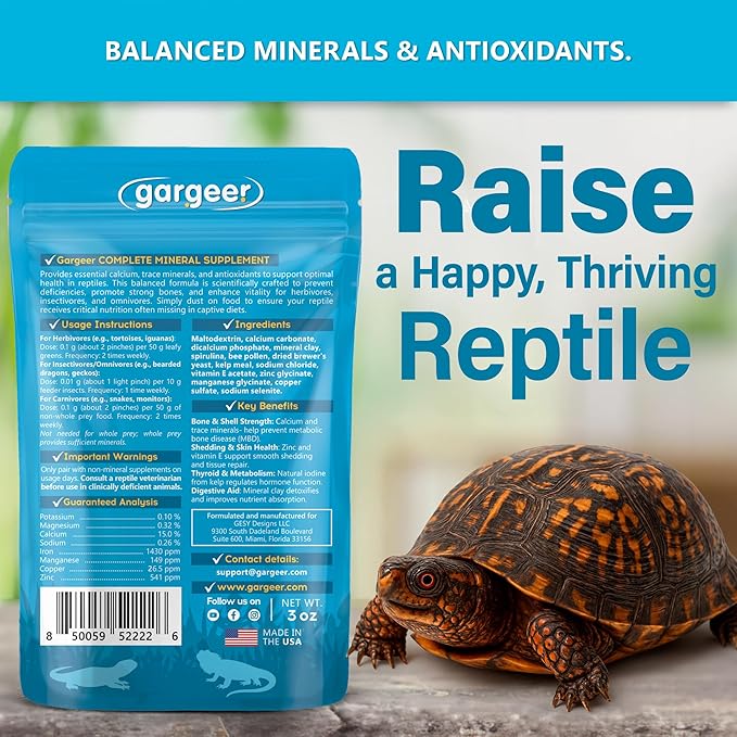 'Complete Minerals Plus' Supplement for All Reptiles | Supports Strong Bones, Shell, Skin, Muscle Function, Metabolism & Clay Minerals Boost | Lizards, Turtles & Tortoises | 3oz | Made in USA