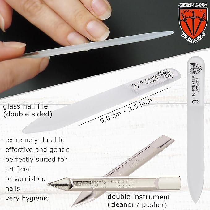 3 Swords Germany - Brand Quality 6 Piece Manicure Pedicure Grooming kit Set - Scissors, Metal and Glass Nail File, Clipper, Tweezers with Synthetic Leather case - Chequered