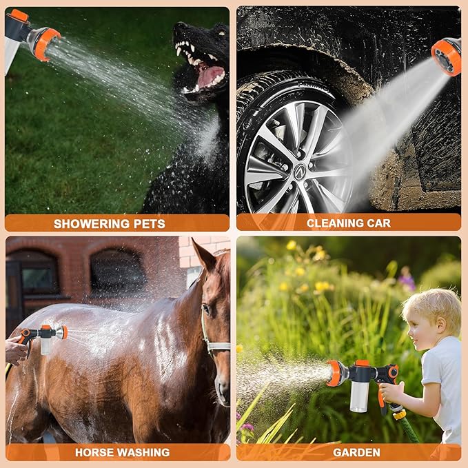 Kamirola Upgrade Dog Washing Hose Attachment,Dog Wash Supplies with 2 type Dog Bath Brush, Dog Comb and Toothbursh, 8 Way Spray Pattern Garden Hose Nozzle with Soap Dispenser, Car Washing Mitt