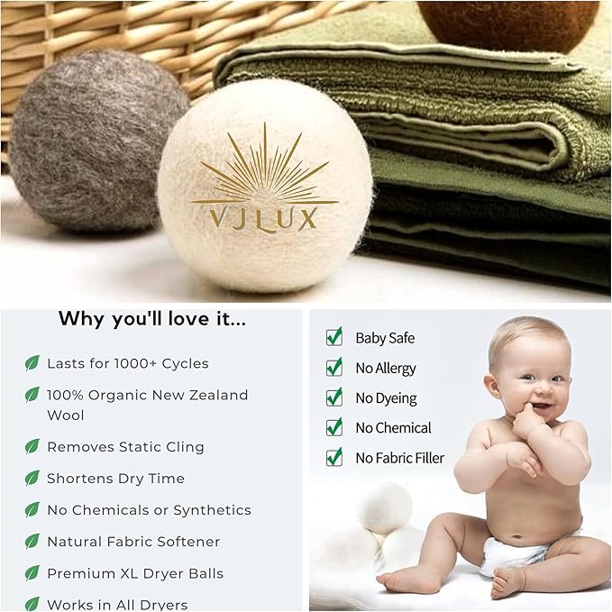 Wool Dryer Balls, Premium 9-Pack XL Natural Organic Dryer Balls, Eco-Friendly, Reusable, Chemical-Free Fabric Softener for Laundry with 3 Fragrance Oils