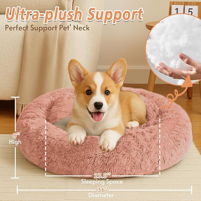 JOLLYVOGUE Small Dog & Cat Beds for Indoor Cats, Donut Cuddler Warming Soft Dog Beds with Anti-Slip Bottom, Round Calming Fluffy Plush Faux Fur Cushion Bed for Large Dogs (36", Peach Pink)