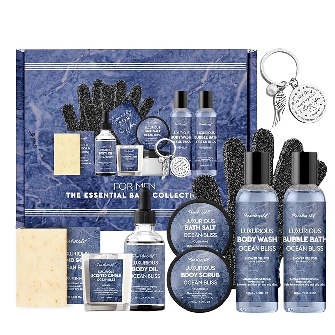 PEARLWORLD 12Pcs Men's Birthday Gift Ideas Ocean-Scented Bath Spa Set - Skin Care Gift Kit for Him, Ideal Men Gifts for Christmas, Self-Care