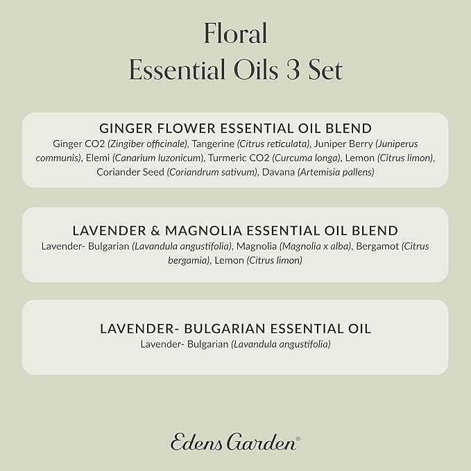 Edens Garden Floral Essential Oils 3 Set – 100% Pure Therapeutic Grade Aromatherapy Blends: Ginger Flower, Lavender & Magnolia – No Fragrance Oil, Undiluted for Diffuser & Home Aroma, 10 ml/ 3 Pack
