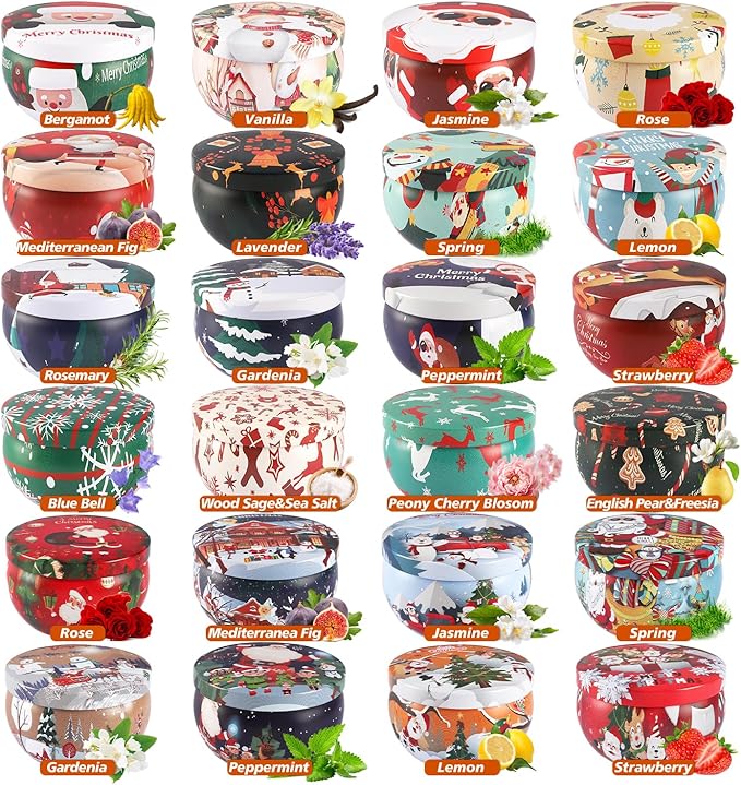 24 Pack Christmas Scented Candles - Natural Soy Wax Advent Candles, Smokeless Clean Burning with Cotton Wick, 2.5oz Mini Jar Candles for Holiday Gifts, Home Decor & Christmas Party Favors