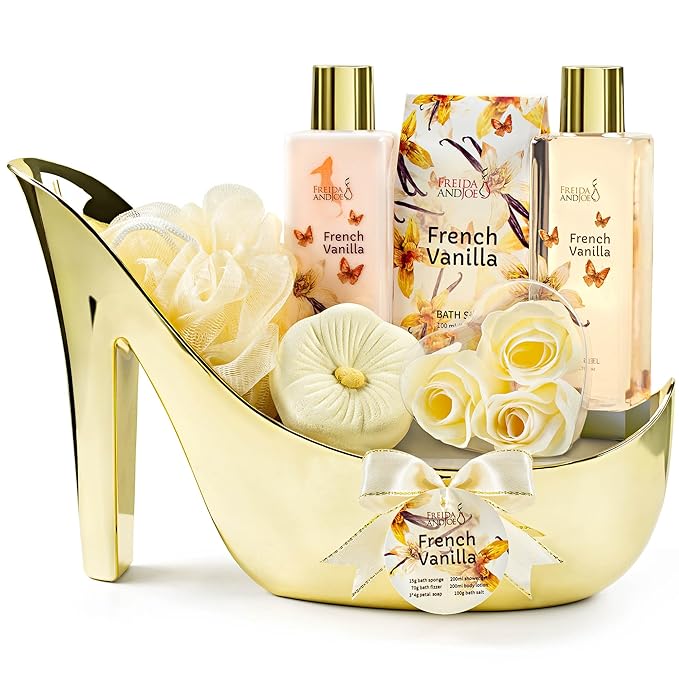 Freida & Joe Elegant 9-Piece Bath Set in High Heel Shoe – Luxurious Spa Gift Basket for Women, Includes Shower Gel, Body Lotion, Bath Salts, Soap Flowers, Bath Fizzer & Sponge (French Vanilla)
