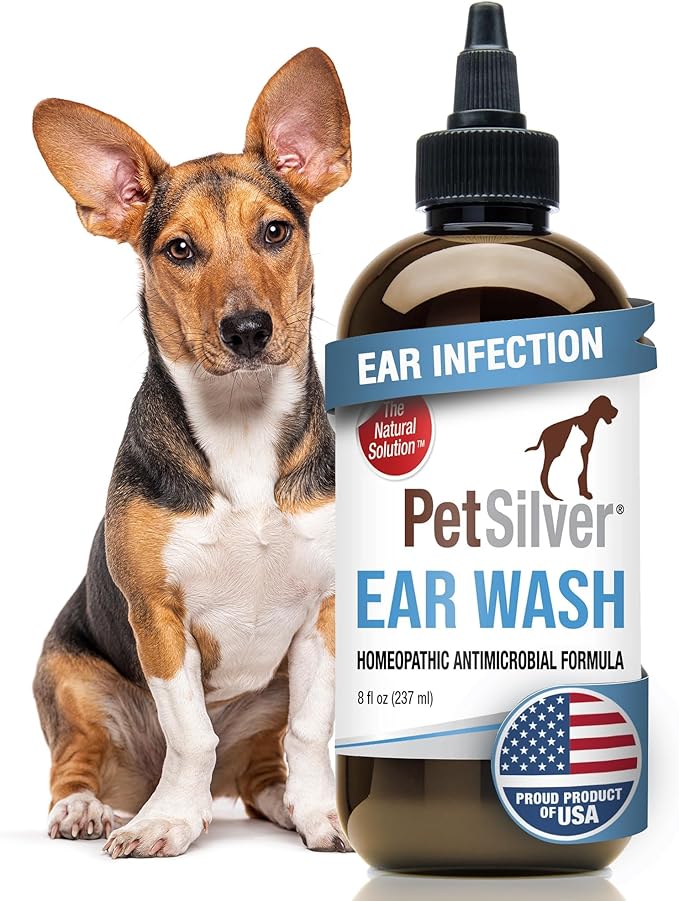 PetSilver Dog Ear Cleaner Solution – Gentle Ear Wash for Dogs and Cats with Chelated Silver – Otic Rinse Formula Targets Wax Buildup, Smelly Odor, and Itchy or Irritated Areas - Made in USA - 8 fl oz