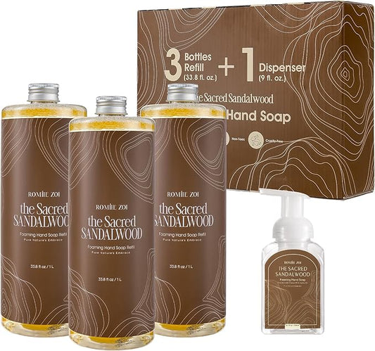 ROMIIE ZOI Foaming Hand Soap Refill Gift Set-3 Pack with Dispenser, Cruelty-Free and Biodegradable Formula, Moisturizing with Essential Oil for Sensitive Skin,Sandalwood Scent,(33.8 Fl Oz x 3)