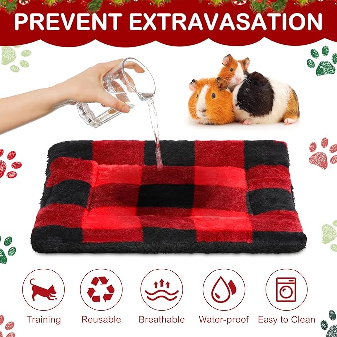 Haull 4 Pcs Waterproof Guinea Pig Bedding Winter Guinea Pig Bed Plush Cage Liners Soft Dog Cat Mat Reversible Winter Cozy Animal Pee Pad Hamster Bed Mat for Bunny (Red Black Plaid,13 x 10 Inch)