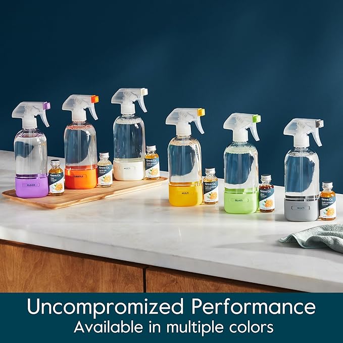 Grove Co. Glass Spray Bottles for Cleaning Solutions, 2-Pack Bundle, Unique Silicone Sleeve Slide & Snap Custom Label, Refillable Spray Bottle, Made from Recycled Glass, 2 x 16 oz