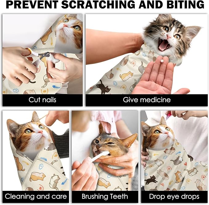 27.6" Cat Grooming Wrap, Self Adhesive Cat Wrap for Cutting Nails, Anti-Escape Calming Cat Swaddle Wrap for Medicine Ear Cleaning, Anti-Scratch Cats Burrito Restraint Blanket, Pet Tool (6-10 lbs)