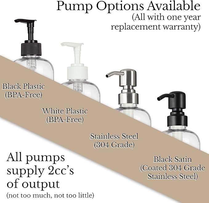 Refillable Clear PET Plastic 16 oz Bubble Bath Bottle with White Plastic Pump Dispenser - Chrome Accent Waterproof Labeled Bottle