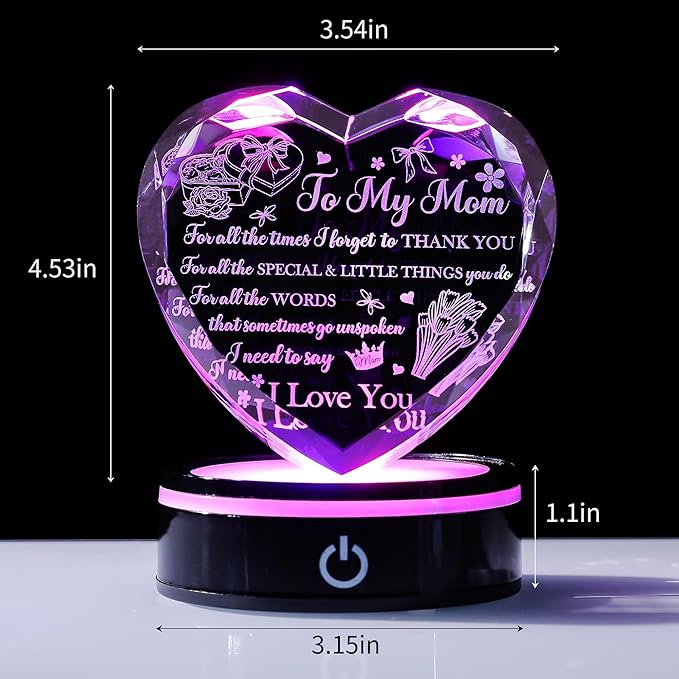 to My Mom Crystal Heart Gift with LED Base - A Mother's Love is Forever Laser Engraved Message, Meaningful Birthday Mother's Day Gift from Daughter Son, Thanksgiving Christmas Keepsake