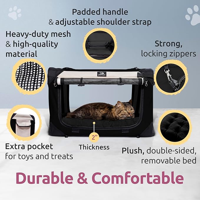 Soft-Sided Cat & Dog Pet Carrier, Large 24"x16"x16", Fits Large Cat, 2 Cats, or Medium Dog Comfortably, Great for Travel & Vet Visits, Privacy Windows, Removable Bed, Locking Zippers, Foldable