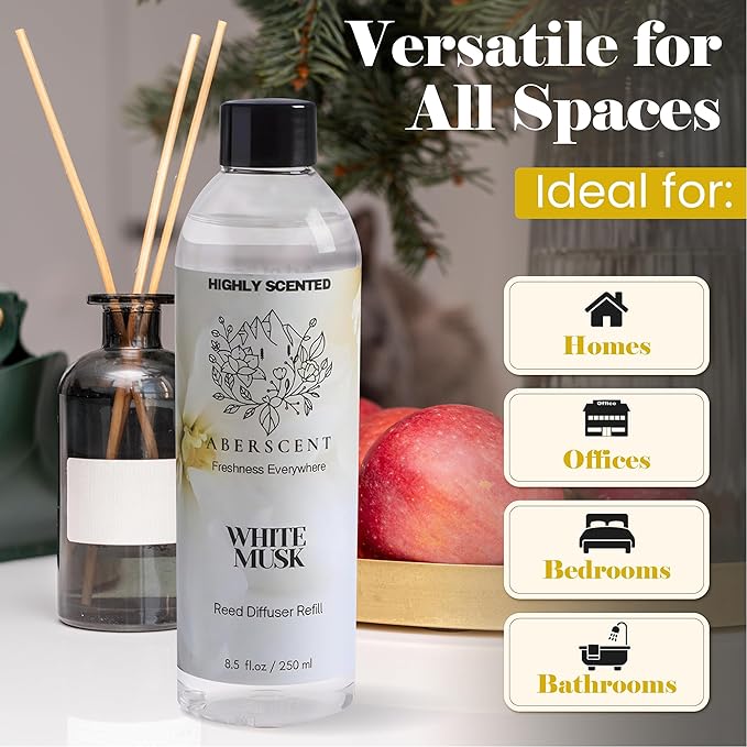 White Musk Aberscent Premium Reed Diffuser Oil Refill (8.5 Fl Oz/250ml) – Long-Lasting Fragrance Oil for Home, Office & Spa – Relaxing Scent, Luxury Hotel-Style Aroma