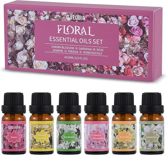 Floral Fragrance Oils Set, Premium Essential Oils Set for Diffuser, Candle, Soap Making Scented Oils, Cherry Blossom, Jasmine, Freesia, Honeysuckle, Rose, Gardenia, 6x10ml
