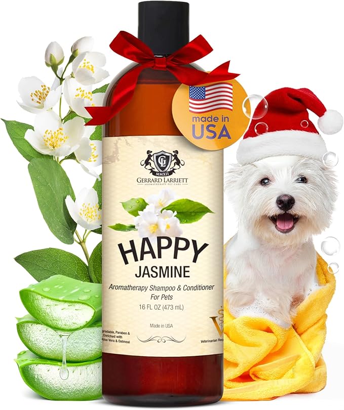 Dog Shampoo and Conditioner Itchy Skin Relief Happy Jasmine 16oz Hypoallergenic Dog Shampoo and Conditioner Sensitive Skin for Smelly Dogs, Aloe Vera & Oatmeal Puppy Soap by Gerrard Larriett