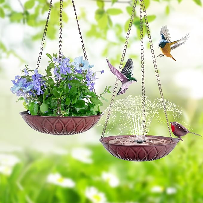 2 Pack Hanging Bird Bath for Outdoors, Metal Birds Feeder & Water Bowl with Chains and S-Hooks, Garden Birdbath Tray for Patio Porch, Tree Branch, Backyard Yard Decor (Rustic Brown)