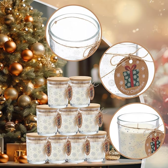 12 Pcs Christmas Glass Candle Jars 7 oz Glass Jars Empty Containers with Bamboo Lids and Christmas Cards for Candle Making Storing Biscuits Holiday Tea Party Favors