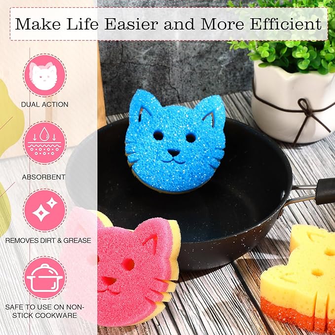 6 Pcs Cat Dual Sided Scrub Cleaning Sponges Cute Temperature Sensitive Dish Sponges for Washing Dishes Non Scratch Household Multi Use Scrubber for Kitchen, 3 Colors