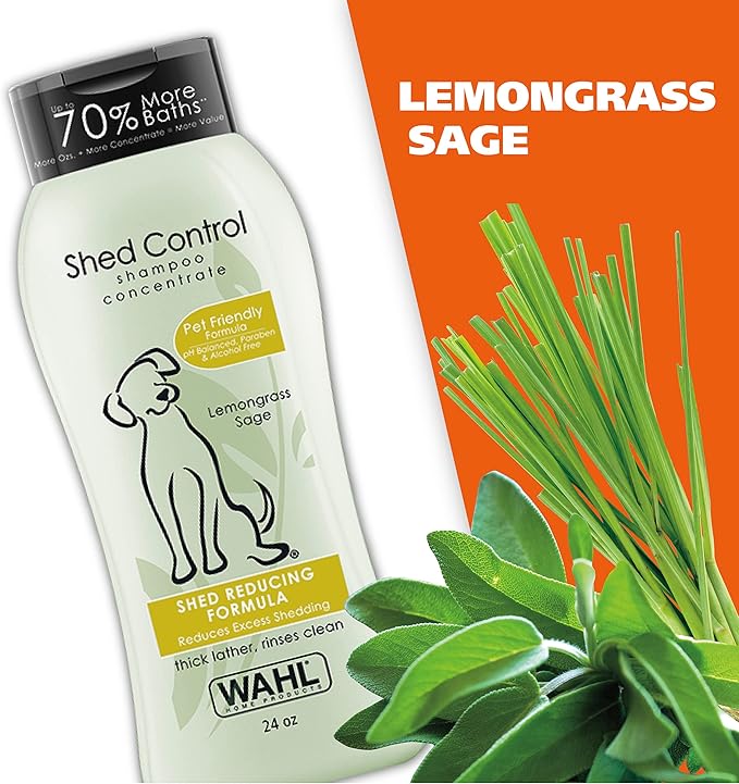 Wahl USA Shed Control Pet Shampoo for Dog Shedding & Dander – Lemongrass & Sage Scent - Contains Oatmeal, & Aloe for Healthy Coats & Moisturized Skin – 24 Oz - Model 820005A