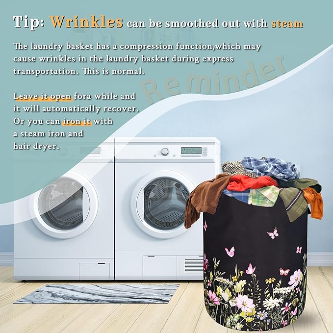 Beautiful Flowers Laundry Hamper With Handles Foldable Oxford Cloth Butterfly Tote Bag Floral Colorful Laundry Basket Clothes Toy Storage Bucket 18.9"x16.5" For Bathroom/Laundry/Bedroom