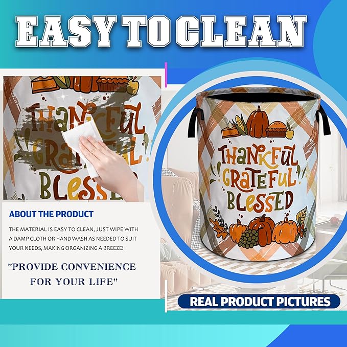 Thankful Grateful Blessed Laundry Basket Oxford Cloth Laundry Hamper With Handle Foldable Portable Clothes Storage Basket 18.9 X 16.5 Inch Storage Bag For Laundry Room/Bathroom/Bedroom/Dormitories