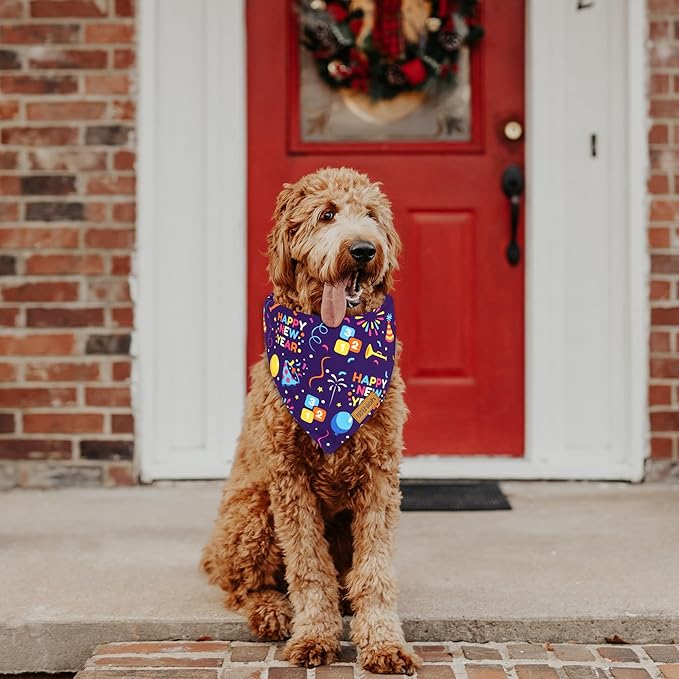 Happy New Year Dog Bandanas - 2 Pack Reversible Holiday Dog Scarf for Boy and Girl, Premium Durable Fabric, Bandana for Large and Extra Large Dogs (X-Large)