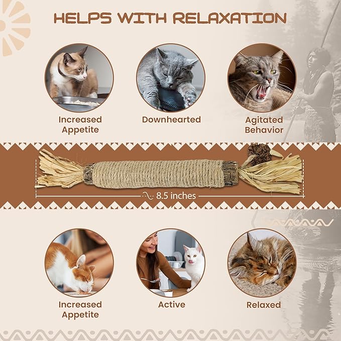 HUPA Catnip Silvervine Sticks | Anxiety Relief & Kitten Teeth Cleaning, Natural Silvervine with Raffia Grass for Healthy Teeth & Digestion | for Indoor Cats, All Ages & Breeds | 2 Sticks