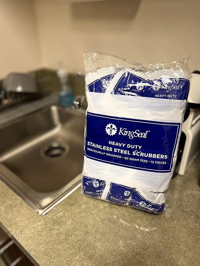 24 Count | KingSeal Stainless Steel Scrubbers, Scrub Pads, Heavy Duty, 50 gram Weight, Individually Wrapped - 2 Packs of 12 Scrubbers