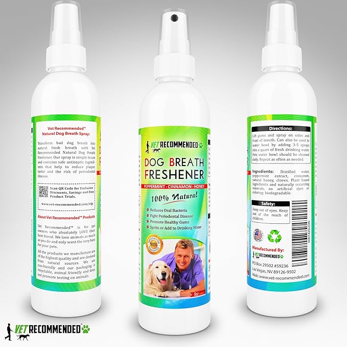 Vet Recommended Dog Breath Freshener & Dental Water Additive Spray (8oz) All Natural - Perfect for Bad Dog Breath & Dog Teeth Spray. Spray in Mouth or Add to Pet's Drinking Water. Made in USA