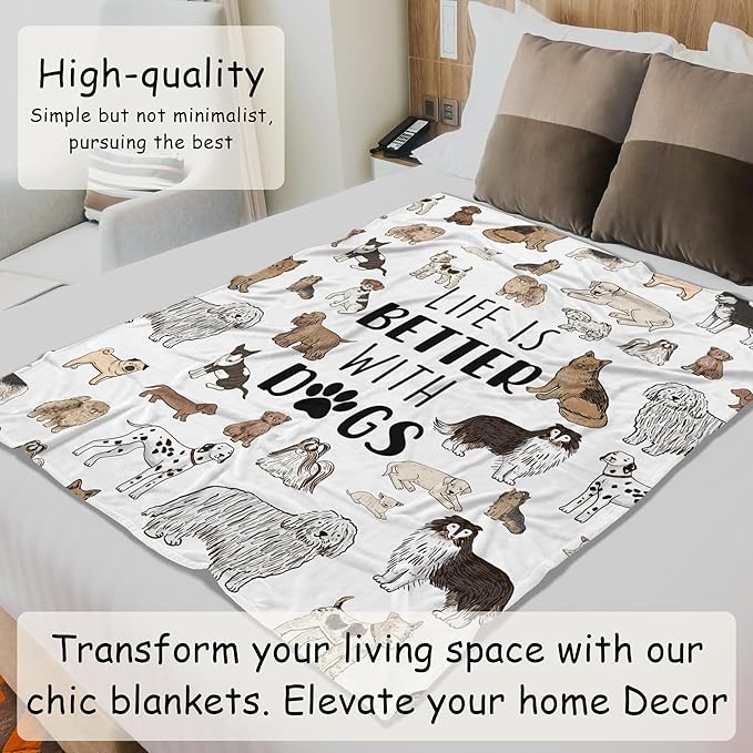 HIWX Dog Blanket, Dogs Blankets, Dog Lover Mom Gifts for Women Owner Lovers, Puppy Mom Blanket, Puppy Throw Blankets, Life is Better with Dogs Themed Throw Blanket for Bed Couch, 50x60 Inches