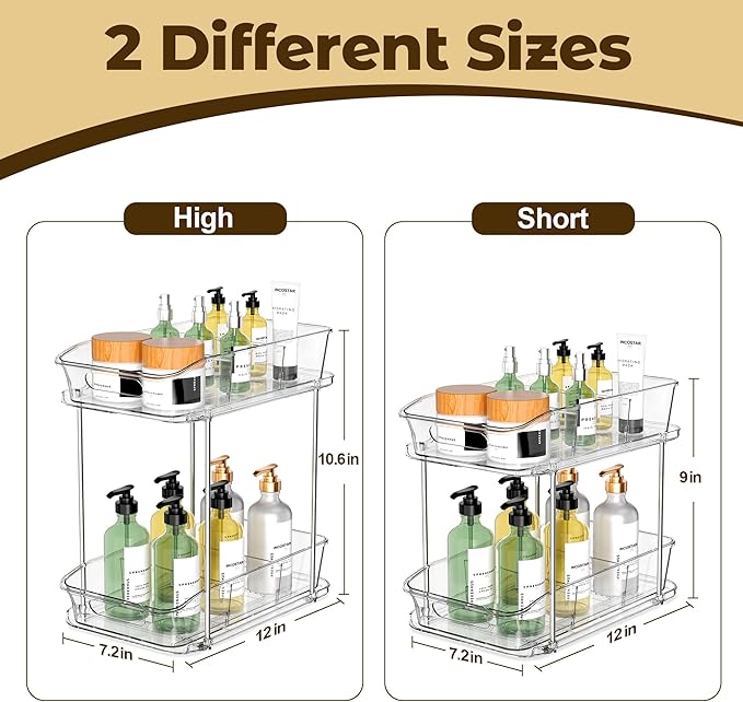 2 Tier Pull-Out Organizer for Bathroom Kitchen, Under Sink Storage with Dividers, Ideal for Cabinet, Cupboard Organization, Slide-Out Clear Storage, 2 Pack