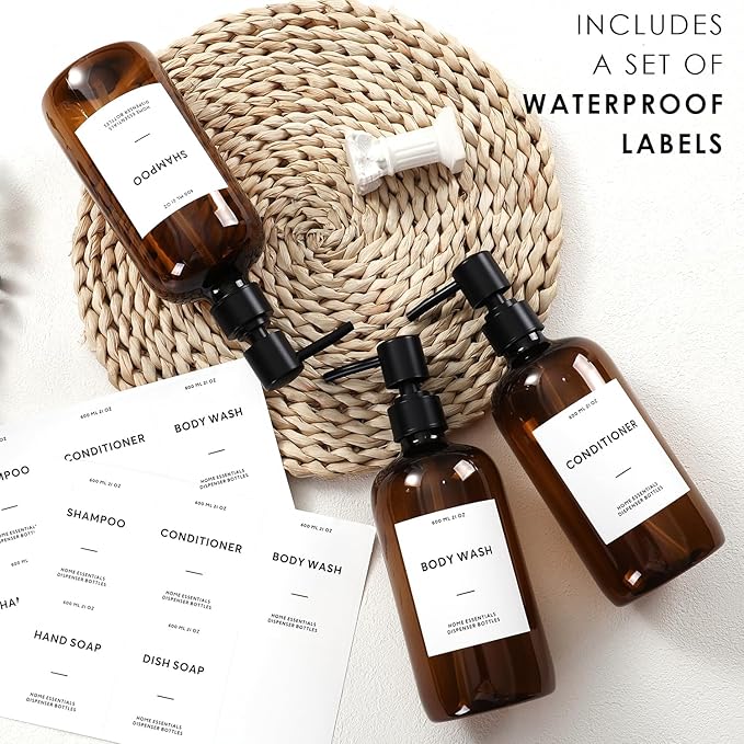 HOMCDALY Shampoo and Conditioner Dispenser, 21oz 3-Pack Refillable Shampoo and Conditioner Bottles, Shower Soap Bottles with Pump and Labels, Bathroom Shower Dispenser（21oz-Brown）