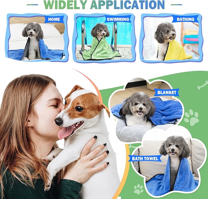MICOOYO 3PCS Dog Towels for Drying, Super Absorbent Pet Grooming Towels, Quick Drying Dog Bath Towels for Puppy Cats (Green, Blue, Yellow, S)