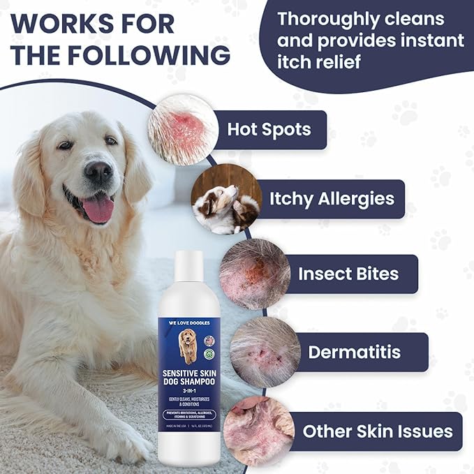 We Love Doodles Premium 3-in-1 Sensitive Skin Dog Shampoo and 2 Pack Bath Brush - for Allergies, Itching, Scratching, Made in USA, Pet Rubber Brush for Shower Scrubbing & Soothing Massage