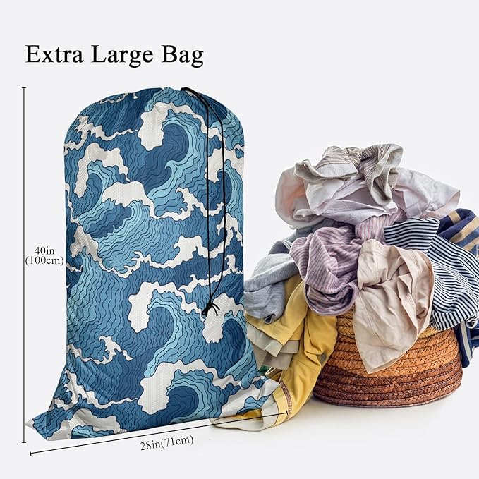 Swono Wave Large Collapsible Laundry Bag - Surf Sea Cartoon Blue White Foldable Hamper, Football Grid Oxford Cloth, Holds 4 Loads, Ocean Theme