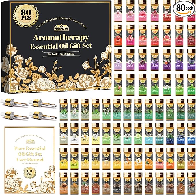 80 Pcs Pure Essential Oils for Diffusers for Home, Skin, Candle and Soap Making, 80 Scents - Tea Tree, Lavender, Lemon, Peppermint, Eucalyptus, Cinnamon, Rose and More, Aromatherapy Oils(80 * 5ML)