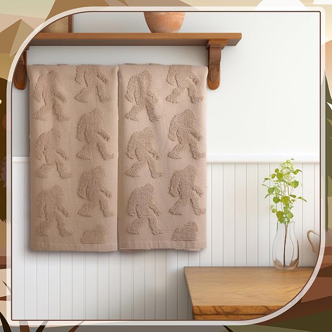 2 Pcs Big Foot Sasquatch Jacquard Hand Towels for Bathroom Brown Hand Towels 100% Cotton Absorbent Decorative Weave Neutral Bathroom Decor, 13.7 x 29.5 Inch
