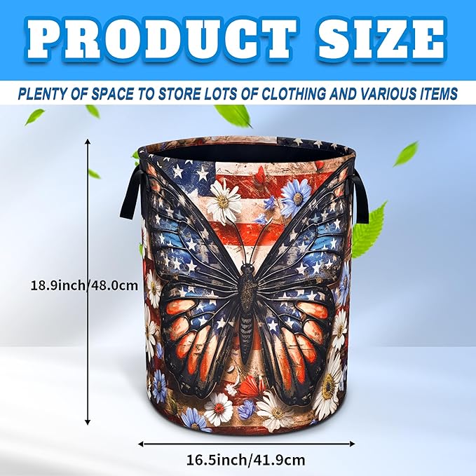 American Flag Butterfly Laundry Basket Daisy Flowers Oxford Cloth Laundry Hamper With Handle Foldable Portable Clothes Storage Basket 18.9 X 16.5 Inch Storage Bag For Laundry Room/Bathroom/Bedroom
