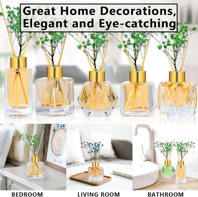Diffuser Glass Bottles Set of 5 DIY Empty Clear Glass Fragrance Bottle with Gold Caps Reeds Sticks Vase Decorative Diffusers for Home Office Desk Decoration Wedding Replacement Girl Women