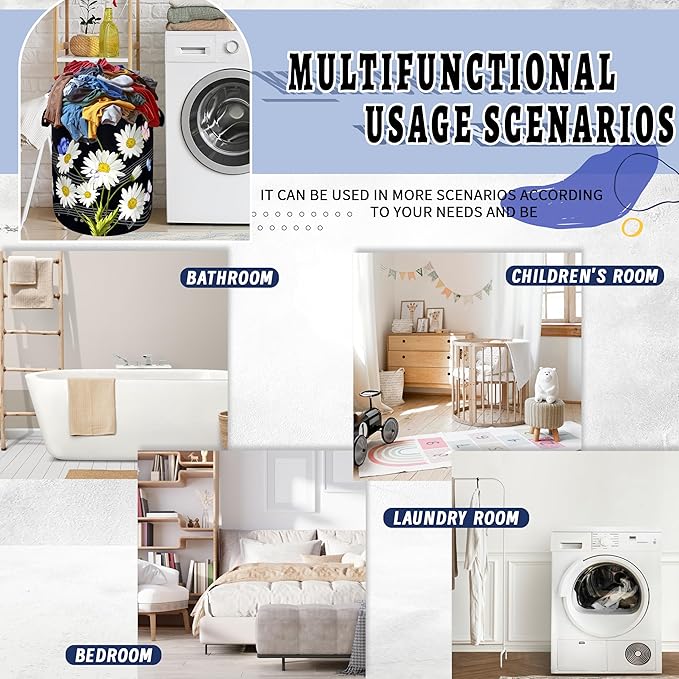 Cute Daisy Laundry Basket Foldable Floral Music Notes Laundry Hamper With Handle Oxford Cloth Portable Clothes Storage Organizer Basket 18.9"x16.5" Laundry Bag For Laundry Room/Bedroom/Bathrooms