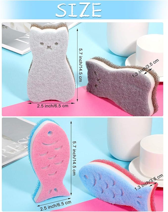 8 Pieces Kitchen Scrub Sponges Cat Fish Cleaning Sponge Dishwashing Scrubber Non-Scratch Multi-Use Sponges for Dishes Pots Pans Sinks