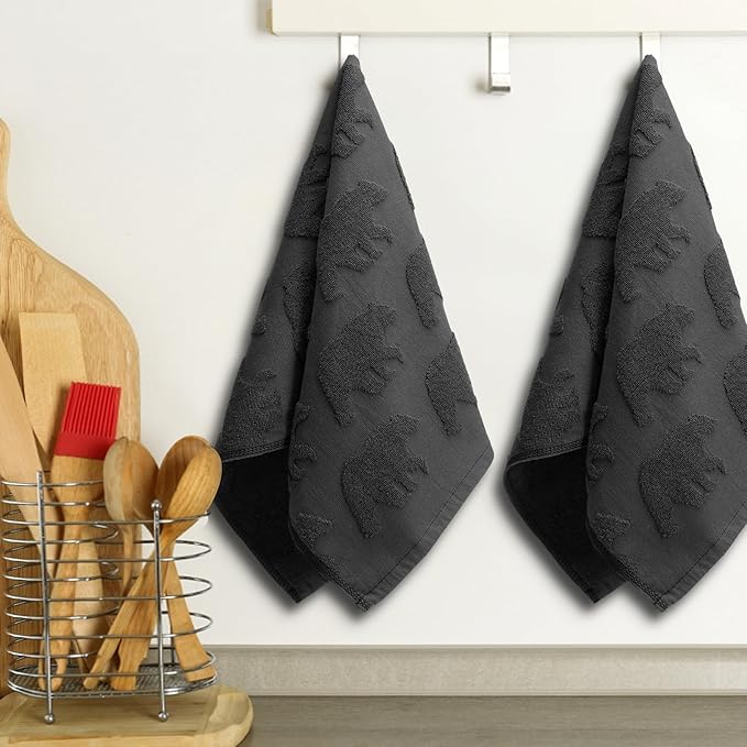 2 Pcs Bear Jacquard Hand Towels for Bathroom Charcoal Dark Gray Hand Towels 100% Cotton Absorbent Decorative Weave Neutral Bathroom Decor, 13.7 x 29.5 Inch