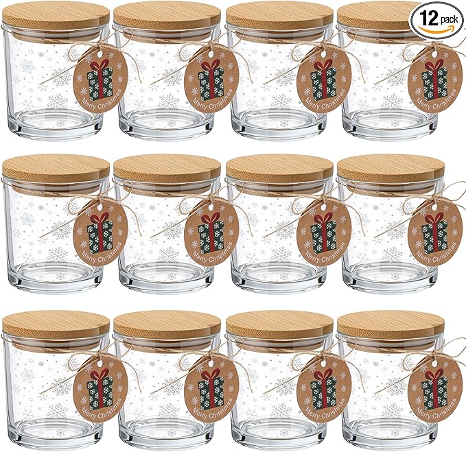12 Pcs Christmas Glass Candle Jars 7 oz Glass Jars Empty Containers with Bamboo Lids and Christmas Cards for Candle Making Storing Biscuits Holiday Tea Party Favors